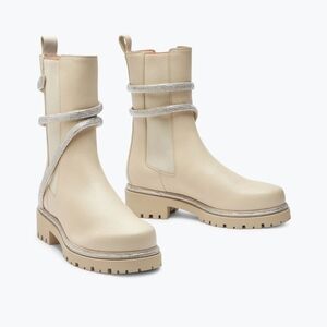 René Caovilla White Leather Cleo Mid-Calf Biker Boots